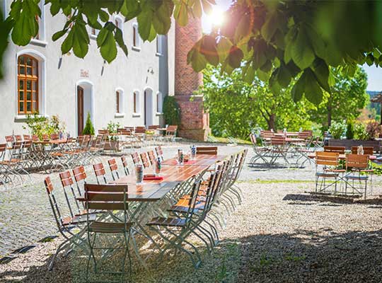 Biergarten des Brauereigasthof Stanglwirt bei sonnigem Wetter 