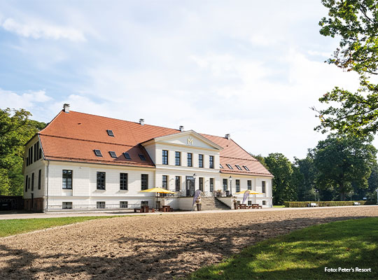 Außenbereich von Peter`s Resort mit Grüner Wiese vor Kiesweg